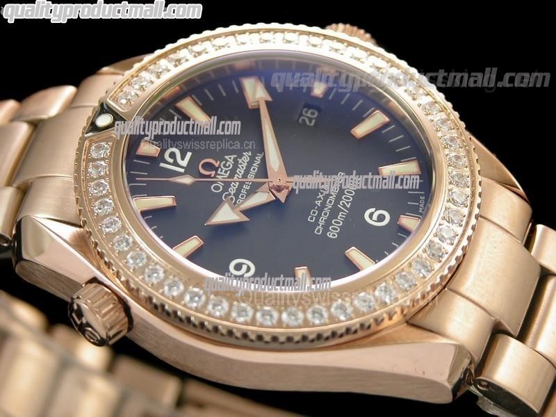Omega Sea-Master Automatic Rose Gold-Black Dial Diamond Crested Bezel-Brushed Stainless Steel Strap