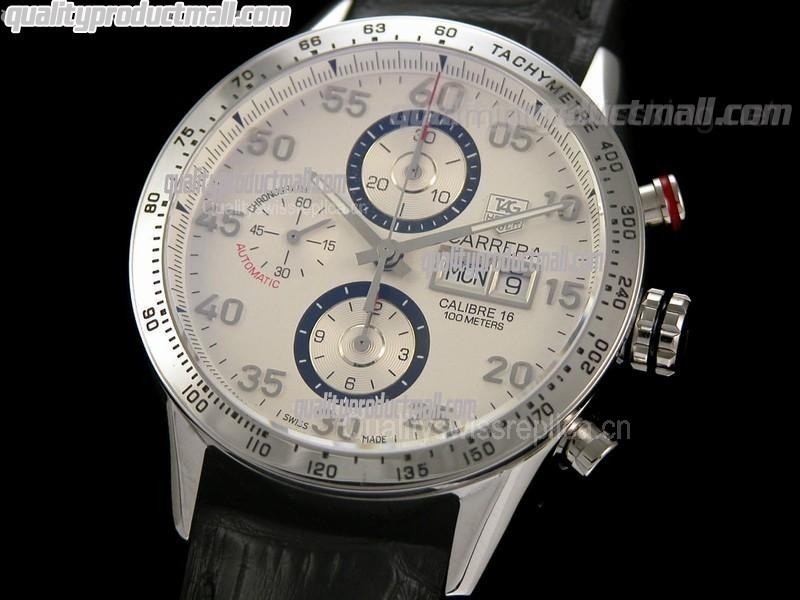 Tag Heuer Carrera Calibre 16 Day Date Automatic Chronograph-White Dial Blue Ring Subdials-Black Leather Strap 