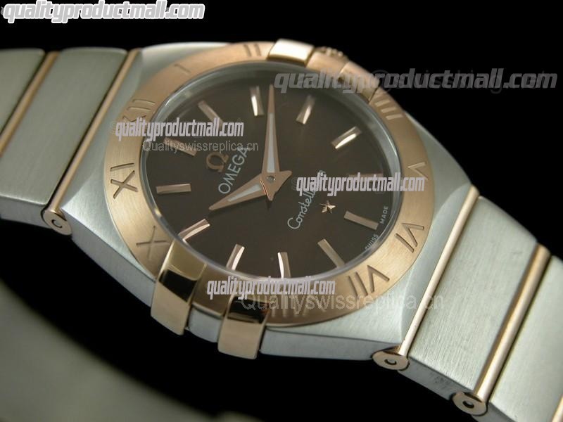 Omega Constellation Ladies Perlmutt Swiss Quartz-18k Rose Gold Brown Dial-Stainless Steel TT Linked Strap