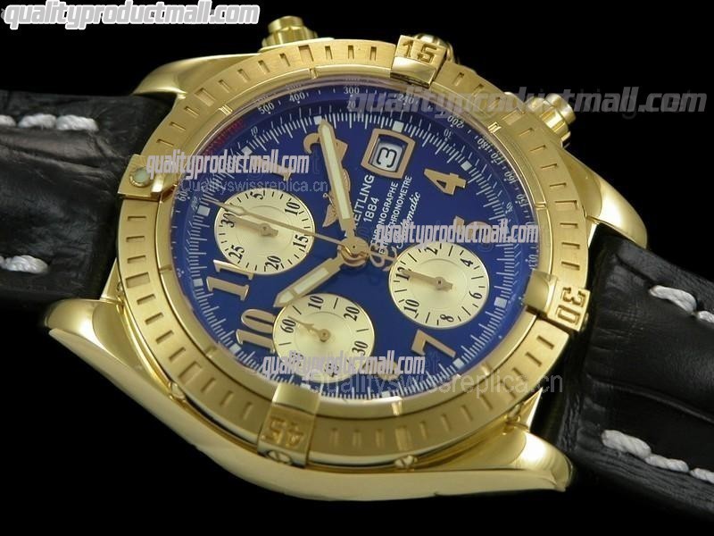 Breitling Chronomat Evolution V3 Chronograph 18K Gold-Blue Dial Gold Subdials Numeral Hour Markers-Black Leather Bracelet