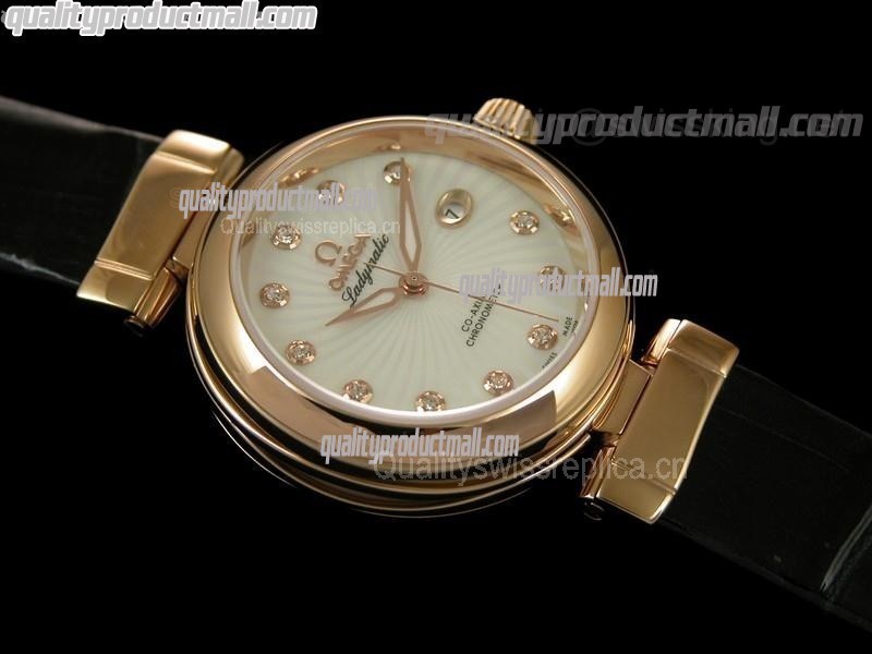 Omega Ladymatic 18k Rose Gold Swiss Automatic Watch-White Coral Design Dial-Black Leather Strap