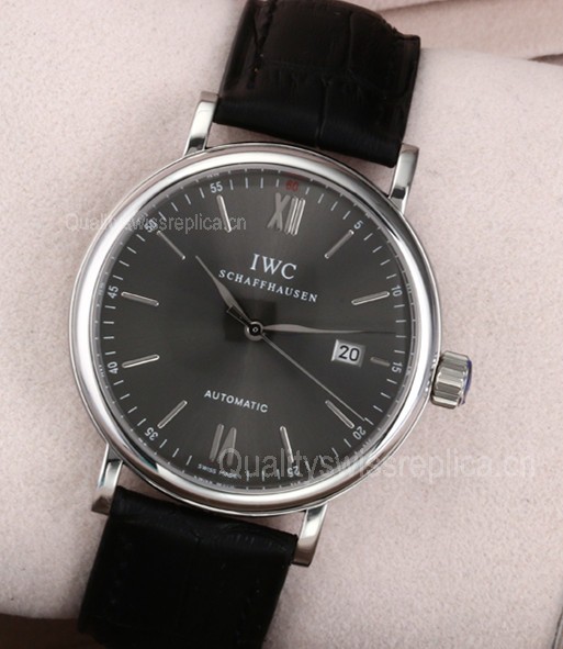 IWC Portofino Automatic Watch Swiss 2892 - Grey Dial With Stick Marker - Black Leather Strap