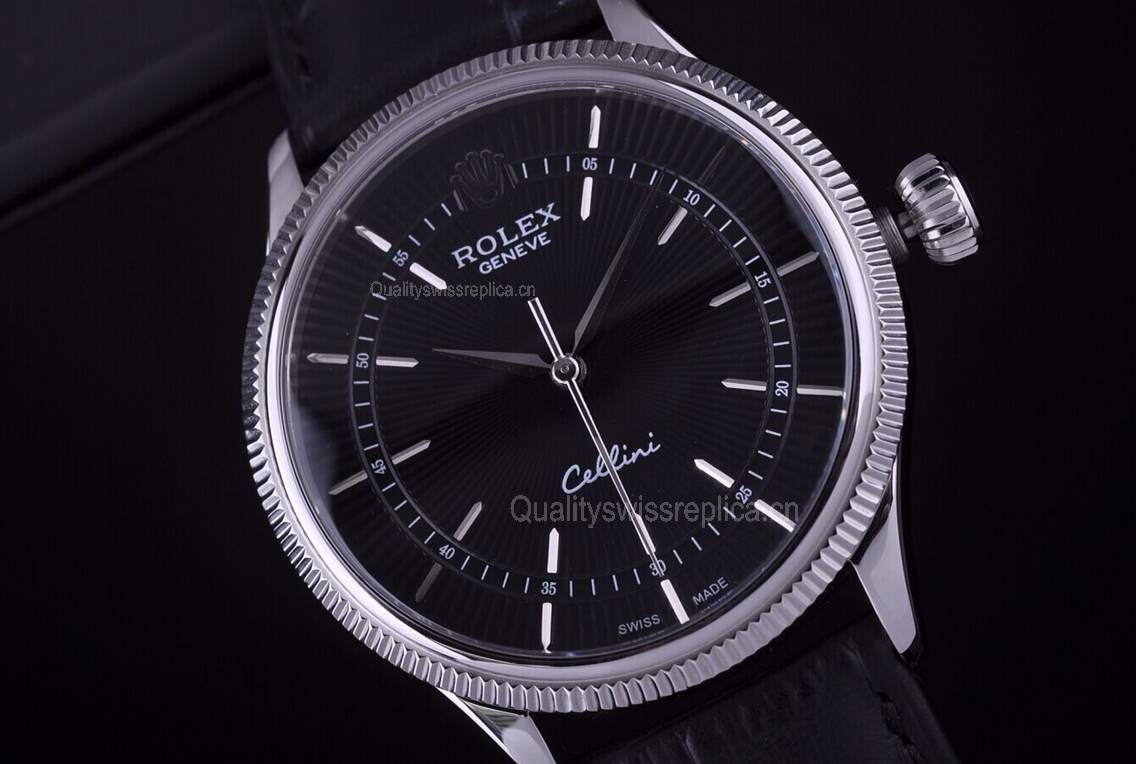 Rolex Cellini Swiss Automatic Watch White Gold-Ray Black Dial Stick Hour Markers-Black Leather strap