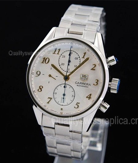 Tag Heuer Carrera Chronograph-White Dial Numeral Hour Markers-Stainless Steel Bracelet 