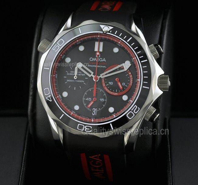 Omega Sea-Master Automatic Watch-Three Independent Subdials-Black Dial With Red Second Hand -Black Rubber Strap