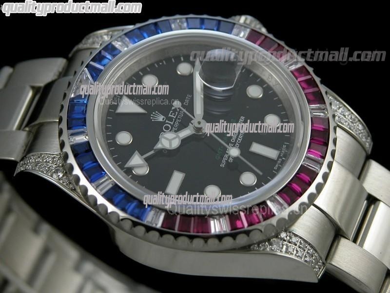 Rolex GMT II 50th Anniversary Bling Model Automatic Watch-Black Dial Ruby Red/Blue Bezel-Stainless Steel Oyster Bracelet 