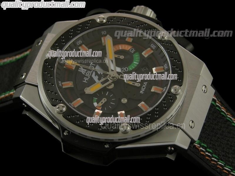 Hublot King Power F1 India Chronograph-Black Texture Dial Sticks Hour Markers-Black Leather Strap 