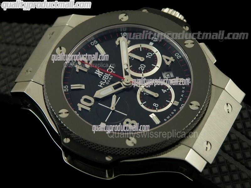 Hublot Big Bang Chronograph-Black Dial Numeral Hour Markers-Black Rubber Strap