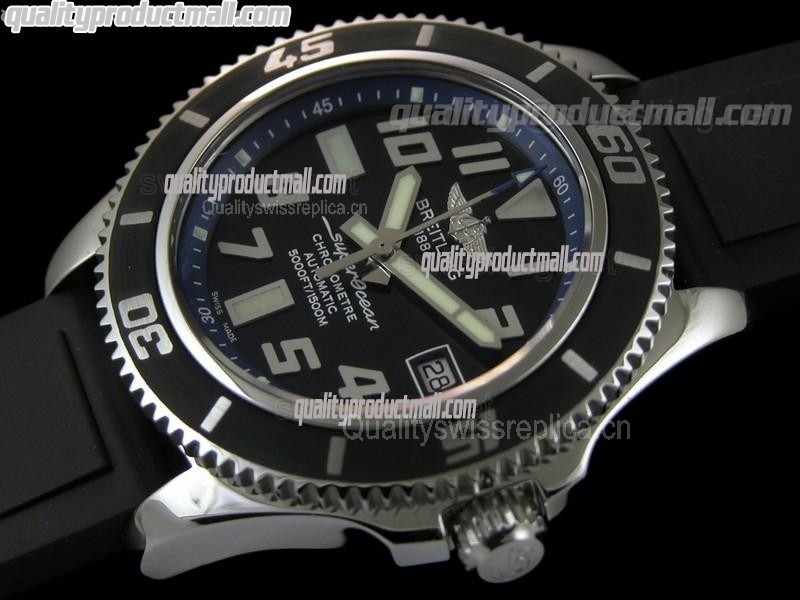 Breitling SuperOcean Abyss 42MM Automatic Watch-Black Dial Blue Inner Bezel-Pro Diver Black Rubber Strap