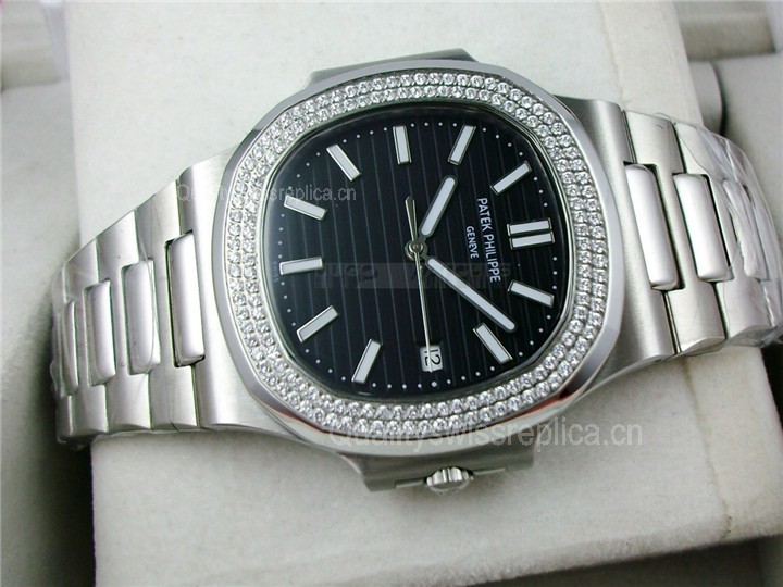 Patek Philippe Nautilus Swiss Automatic Watch Black Dial Diamonds Bezel