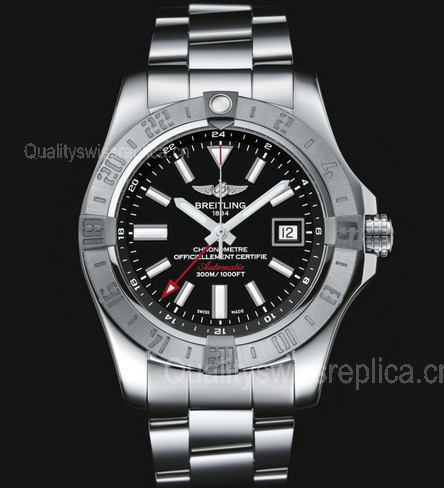 Breitling Avenger II GMT Swiss Automatic Watch Black Dial SS Strap