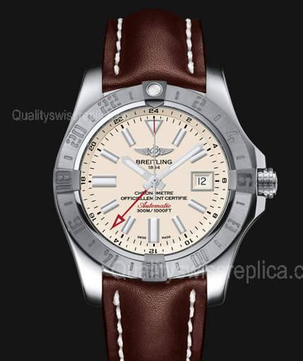 Breitling Avenger II GMT Swiss Automatic Watch White Dial Brown Leather Strap