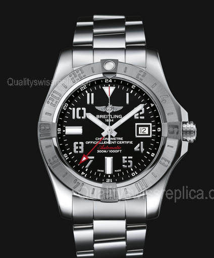 Breitling Avenger II GMT Swiss Automatic Watch Black Dial Steel Strap