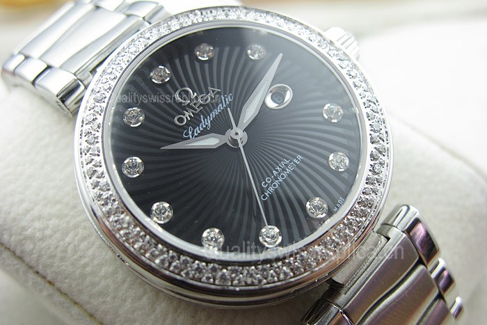 Omega Deville Ladymatic Diamond Swiss Automatic Watch-Black Coral Design Dial-Stainless Steel Link 