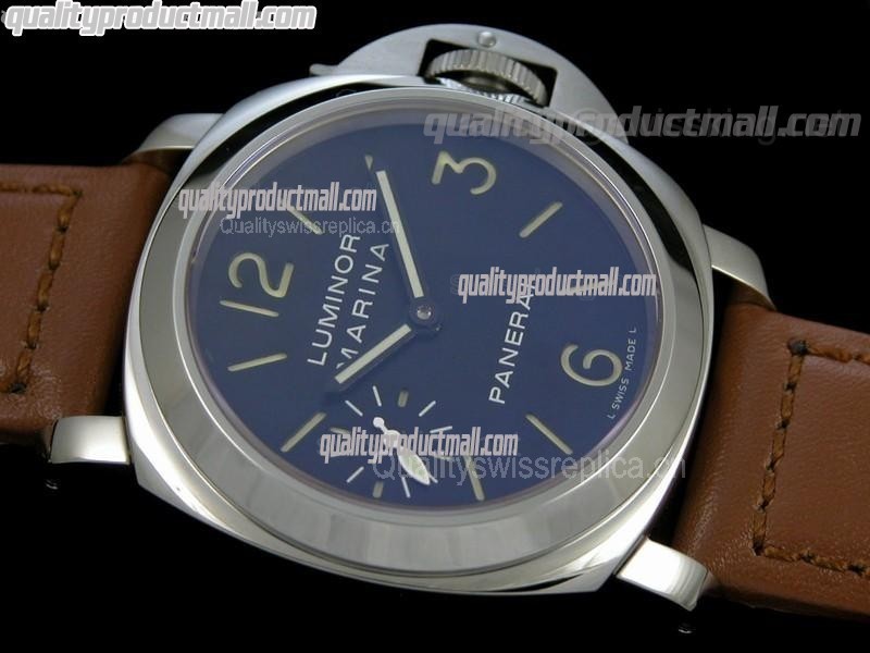 Panerai PAM111 Superlume Handwound Watch-Blue Dial/Subdials-Brown Rubber Strap 