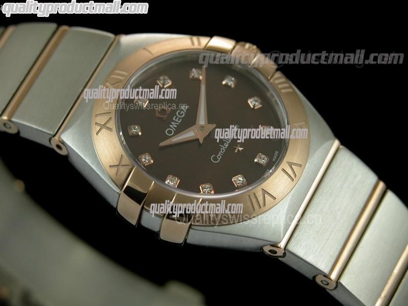 Omega Constellation Ladies Perlmutt Diamond Swiss Quartz-18k Rose Gold Brown Dial-Stainless Steel TT Linked Strap