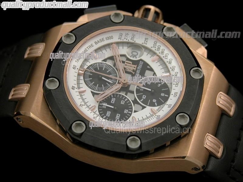 Audemars Piguet Royal Oak Ruben Barichello II Chronograph 18K Rose Gold-White Perforated Dial Index Hour Markers-Black Leatherr Strap