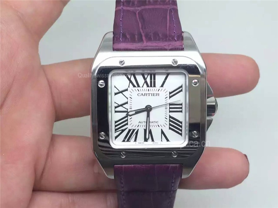 Cartier Santos 100th Anniversary Automatic Ladies Watch-White Dial-Purple Leather Strap
