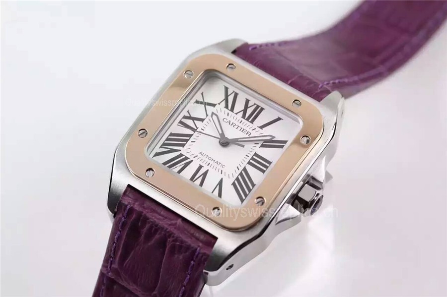 Cartier Santos Women Watch Automatic-White Dial Purple Leather Strap