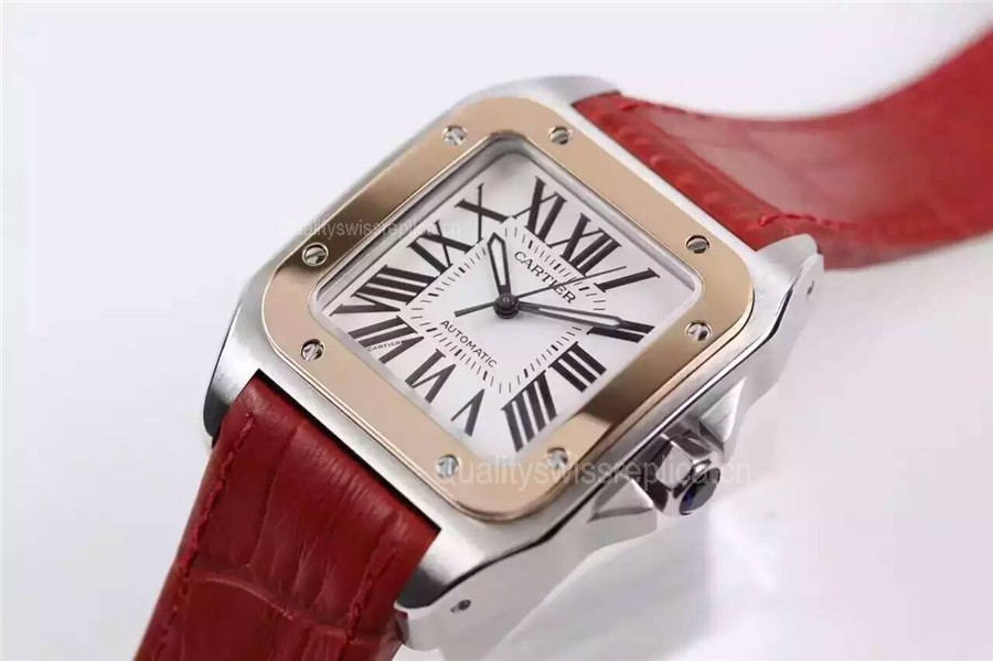 Cartier Santos Women Watch Automatic-White Dial Red Leather Strap
