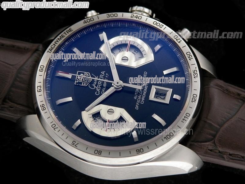 Tag Heuer Grand Carrera Calibre 17 Automatic Chronograph-Blue Dial Silver Ring Subdials-Brown Leather strap