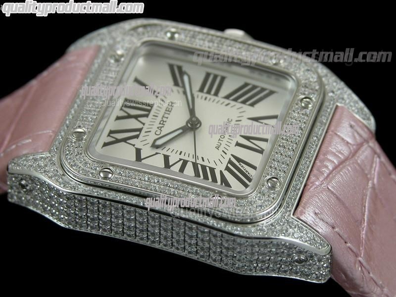 Cartier Santos 100th Anniversary Automatic Watch-White Dial Diamond Crested Bezel-Pink Leather Strap