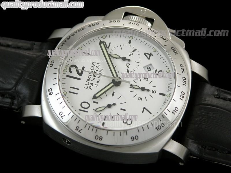 Panerai Luminor Daylight PAM188 Chronograph-MOP White Dial/Subdials-Black Leather Strap