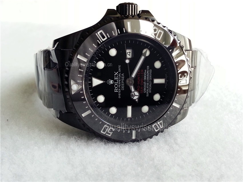 Rolex Sea Dweller Deep Sea Pro Hunter Automatic Watch-Black Dial White Dot Markers-Black PVD Coated Stainless Steel Oyster Brusher Bracelet