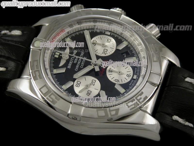 Breitling Chronomat B01 Chronograph-Black Dial Index Hour Markers-Black Leather Strap