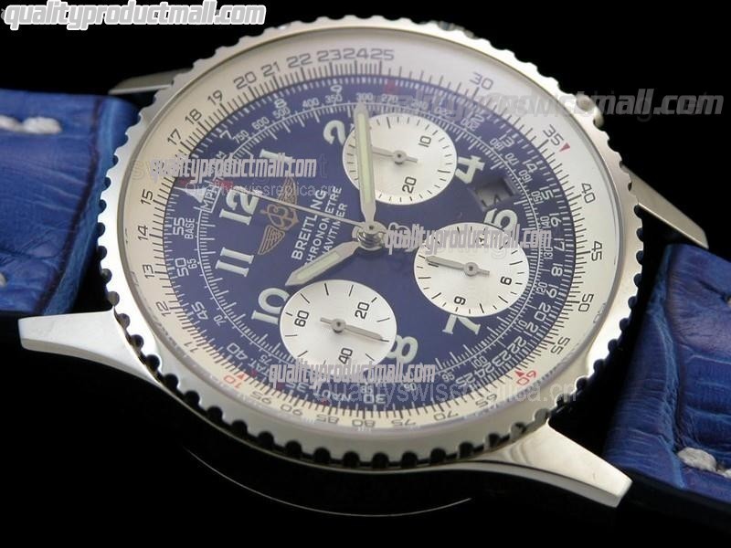 Breitling Navitimer Chronometre-Blue Dial Numeral Hour Markers-Blue Leather Strap