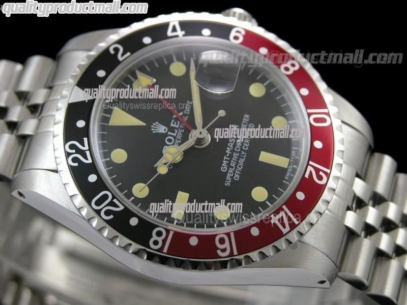 Rolex GMT II Swiss ETA Automatic Watch-Vintage Black Dial Black/Red Bezel-Stainless Steel Jubilee Bracelet