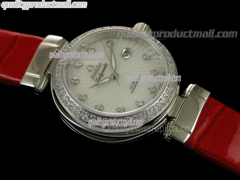 Omega Deville Ladymatic Diamond Swiss Automatic Watch-White Coral Design Dial-Red Leather strap