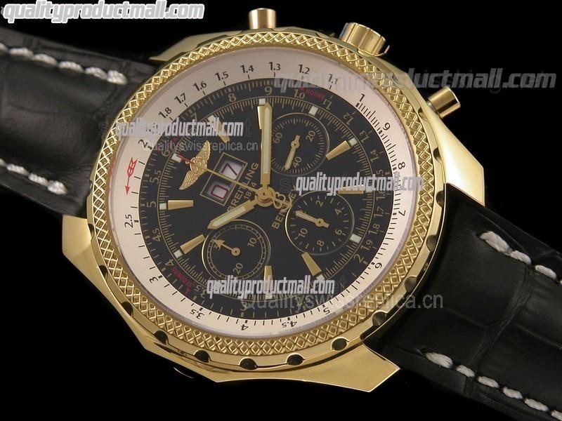 Breitling Bentley 30S Chronograph 18k Gold-Black Dial Black Subdials-Black Leather strap