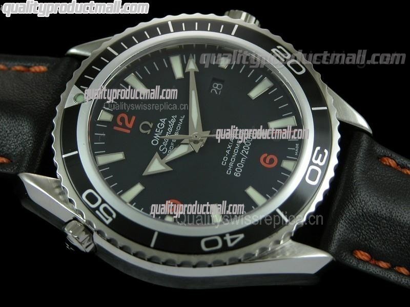 Omega Sea-Master Automatic Ultimate-Black Dial Black Bezel-Black Leather Strap (Orange Stitch)