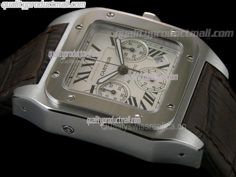 Cartier Santos 100th Anniversary Automatic Watch-White Dial-Brown Leather Strap