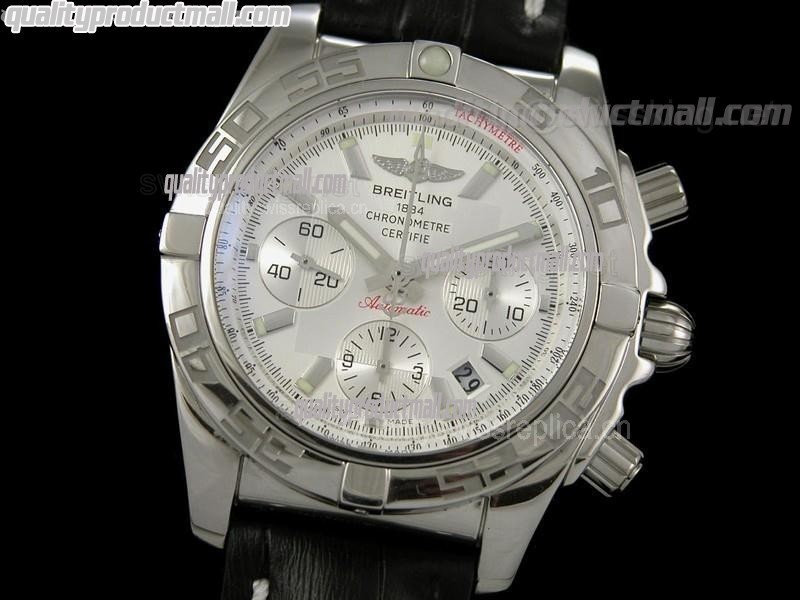 Breitling Chronomat B01 Chronograph-White Dial Index Hour Markers-Black Leather Strap