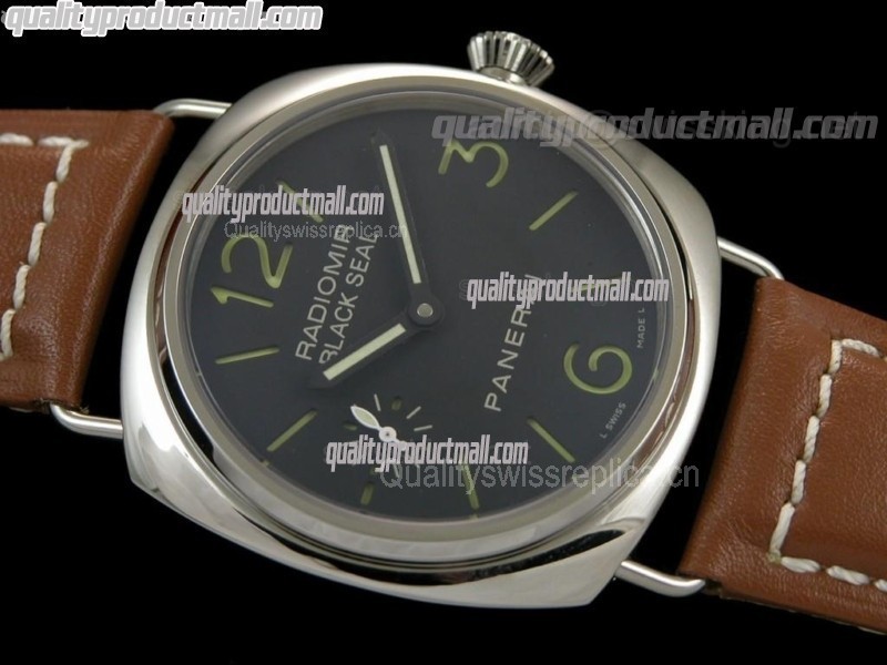 Panerai Radiomir Black Seal PAM183 Manual Handwound Watch-Black Dial Numeral/Stick Hour Marker-Brown Leather Strap