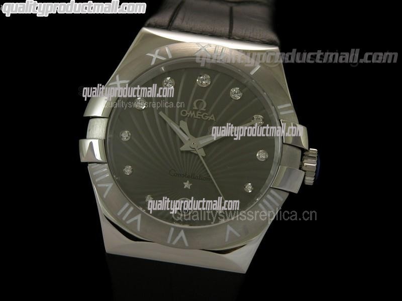 Omega Constellation Midsize Swiss Quartz-Fan Shell Design Grey Dial-Black Leather Strap