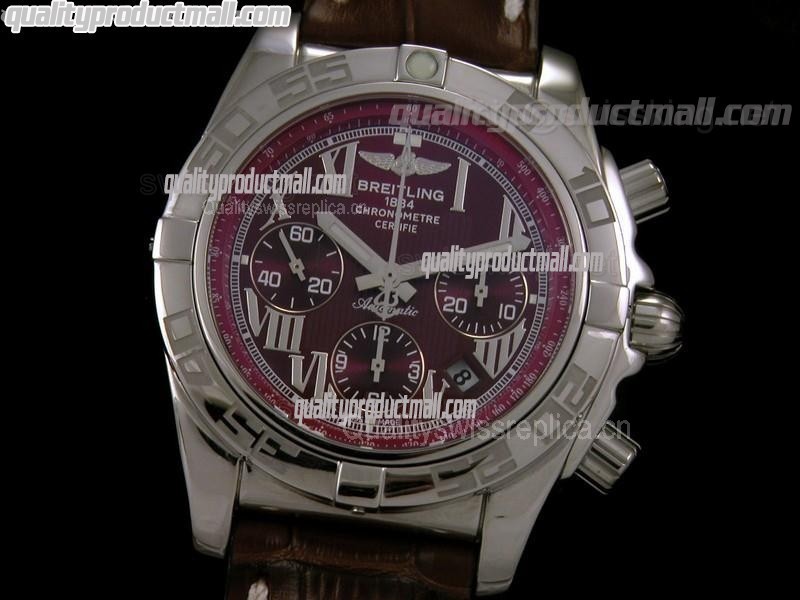Breitling Chronomat B01 Chronograph-Burgundy Dials Roman Numerals Hour Markers-Brown Leather Strap