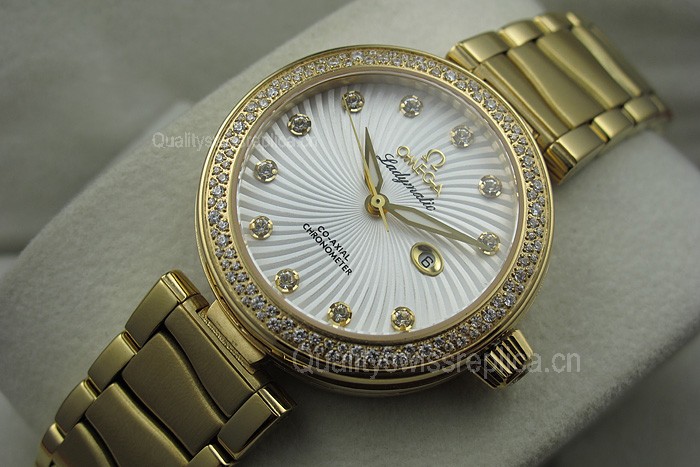 Omega Deville Ladymatic Diamonds Automatic Watch Yellow Gold White 34mm