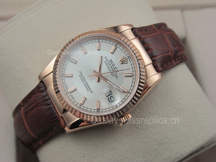 Rolex Datejust 36mm Swiss Automatic Watch 18K Gold-White Dial Stick Markers-Brown Leather Bracelet 