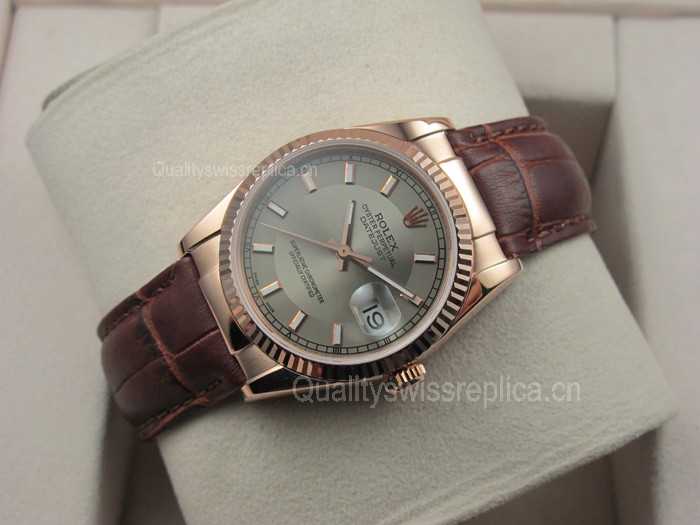 Rolex Datejust 36mm Swiss Automatic Watch Rose Gold-Silvery Dial Stick Markers-Brown Leather Bracelet