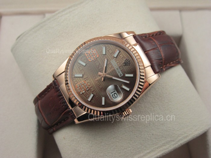 Rolex Datejust 36mm Swiss Automatic Watch 18K Gold-Brown Dial Diamond Stick Markers-Brown Leather Bracelet