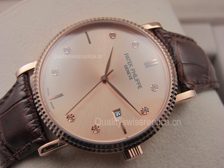 Patek Philippe Calatrava Rose Gold Diamond Marker Leather Strap Swiss 2824 Automatic Watch 