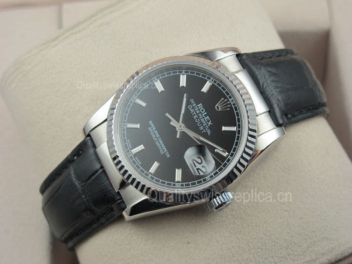 Rolex Datejust 36mm Swiss Automatic Watch-Black Dial Stick Markers-Black Leather Bracelet