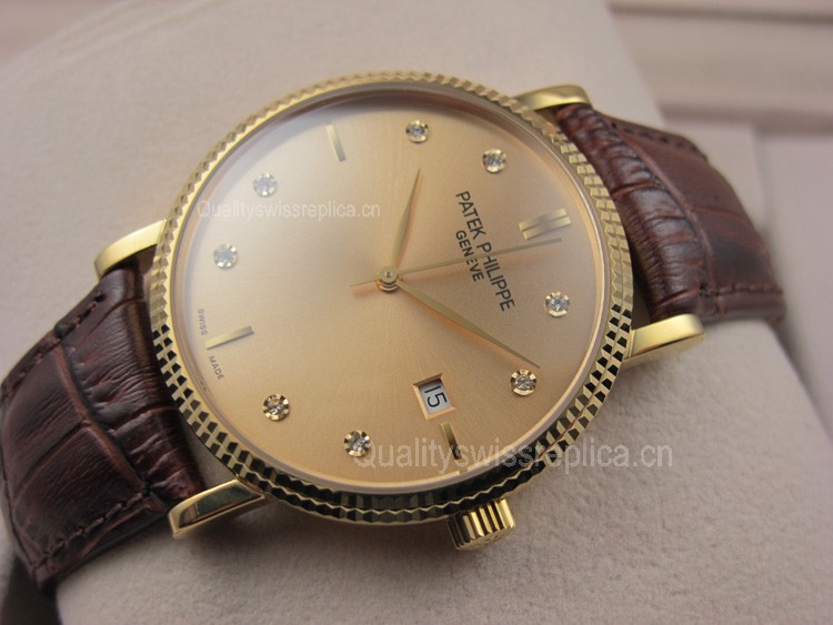 Patek Philippe Calatrava Leather Strap Yellow Gold Diamond Marker Swiss 2824 Automatic Watch 