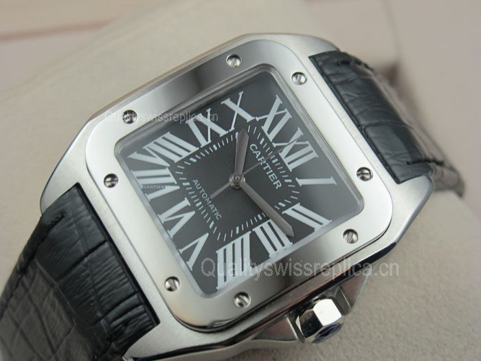 Cartier Santos 100th Anniversary Automatic Watch-Black Dial-Black Leather Strap 