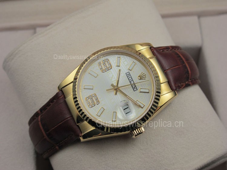 Rolex Datejust 36mm Swiss Automatic Watch 18K Gold-White Dial Diamond Stick Markers-Brown Leather Bracelet