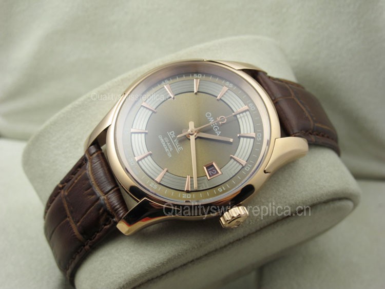 Omega De Ville Automatic Watch Rose Gold-Concentric Circle Dial-Dark Brown Leather Strap