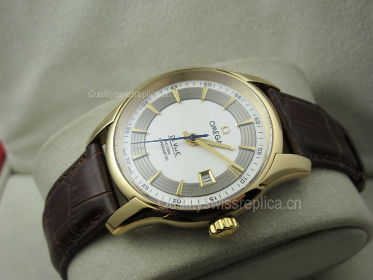 Omega De Ville Automatic Watch 18K Gold-Concentric Circle Dial-Dark Brown Leather Strap